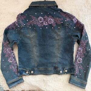 KAITY Embellished Denim Jacket With Purple Floral Lace And Rhinestones